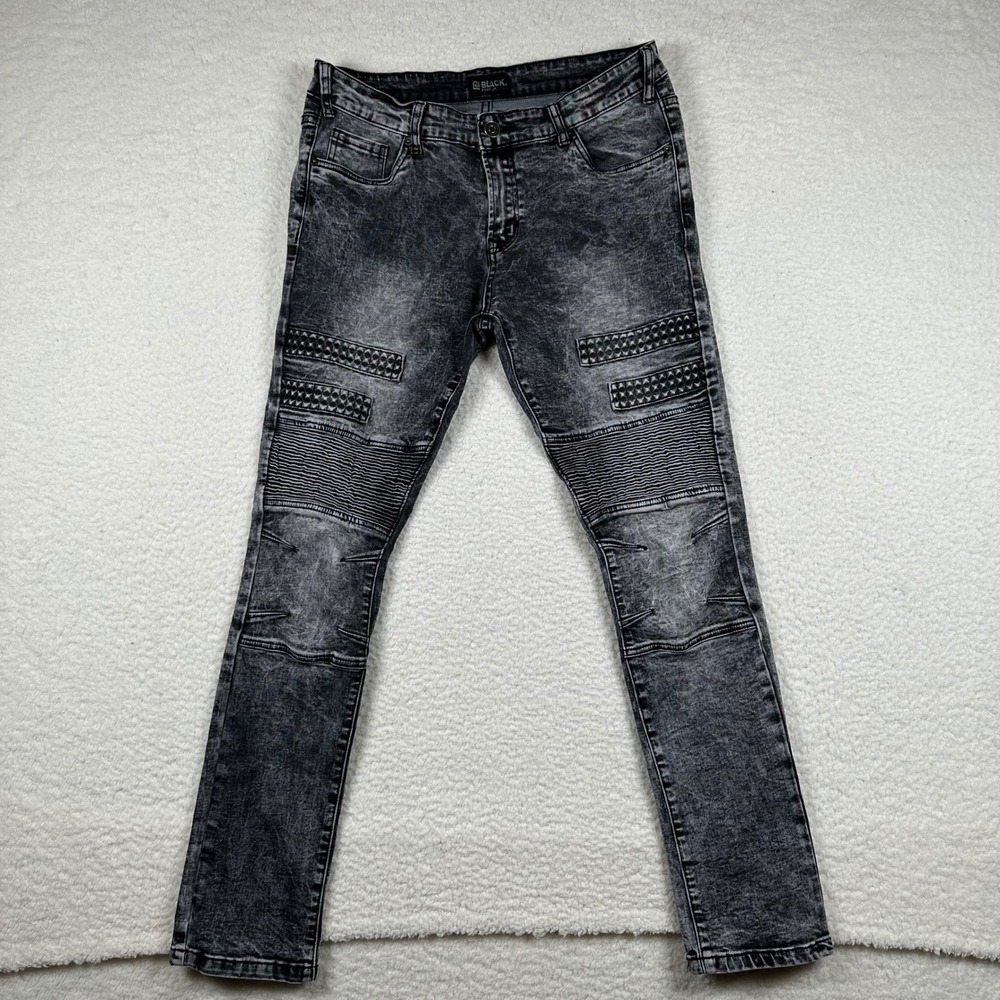 Black Premium Moto Skinny Flex Jeans Men 34x32 Acid Wash Biker Ribbed Streetwear